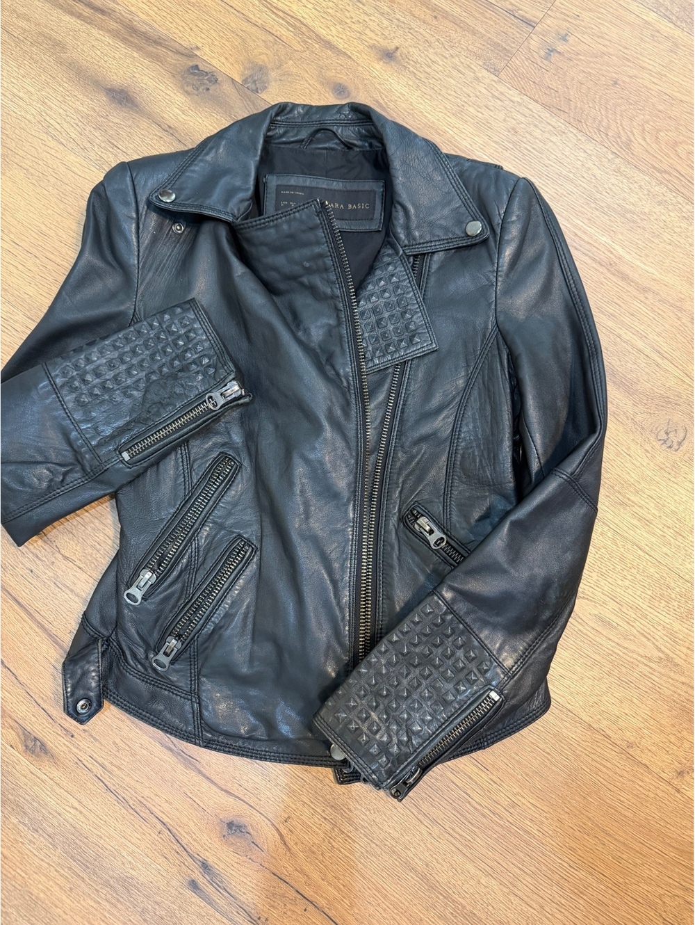 Zara Basic Black Studded Leather Biker Jacket Size M